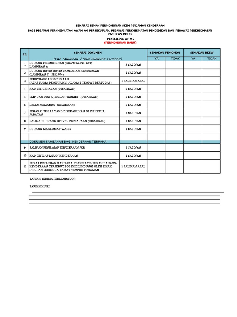 Pinjaman Kenderaan Senarai Semak Dan Borang Permohonan Pinjaman | PDF