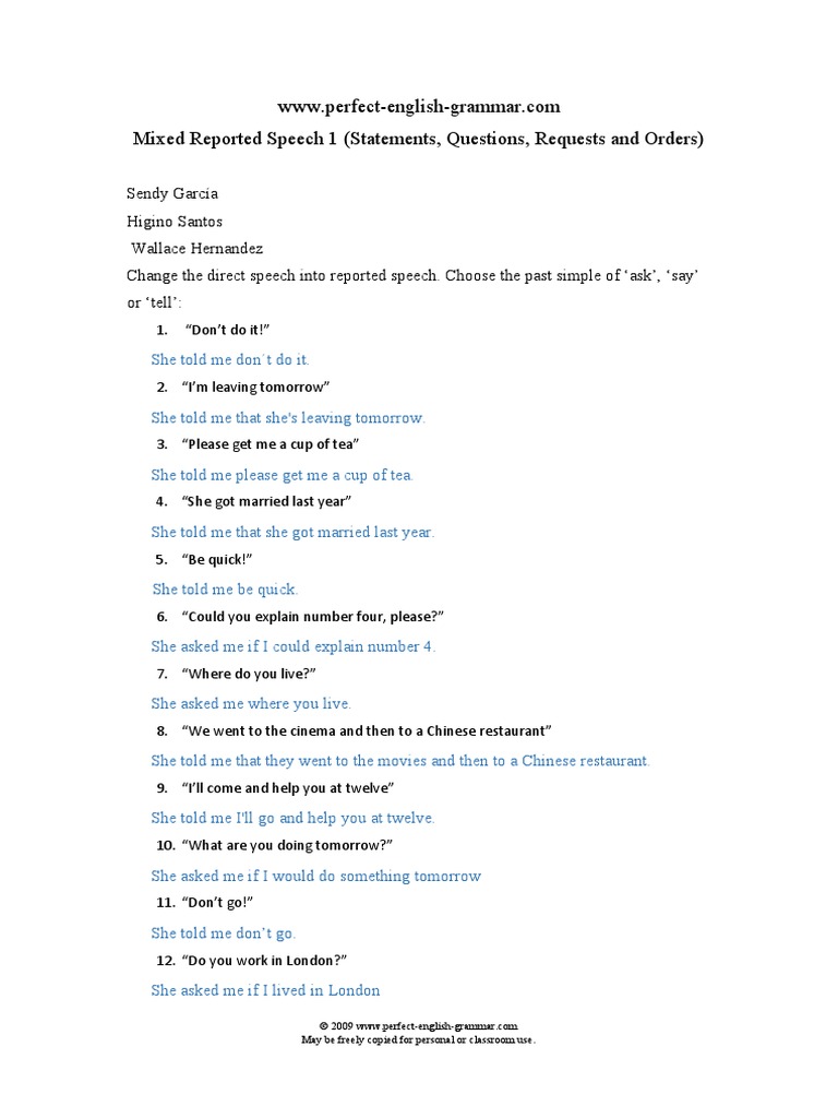 Reported Speech Mixed Exercise 1 Reported Speech Pdf Pdf