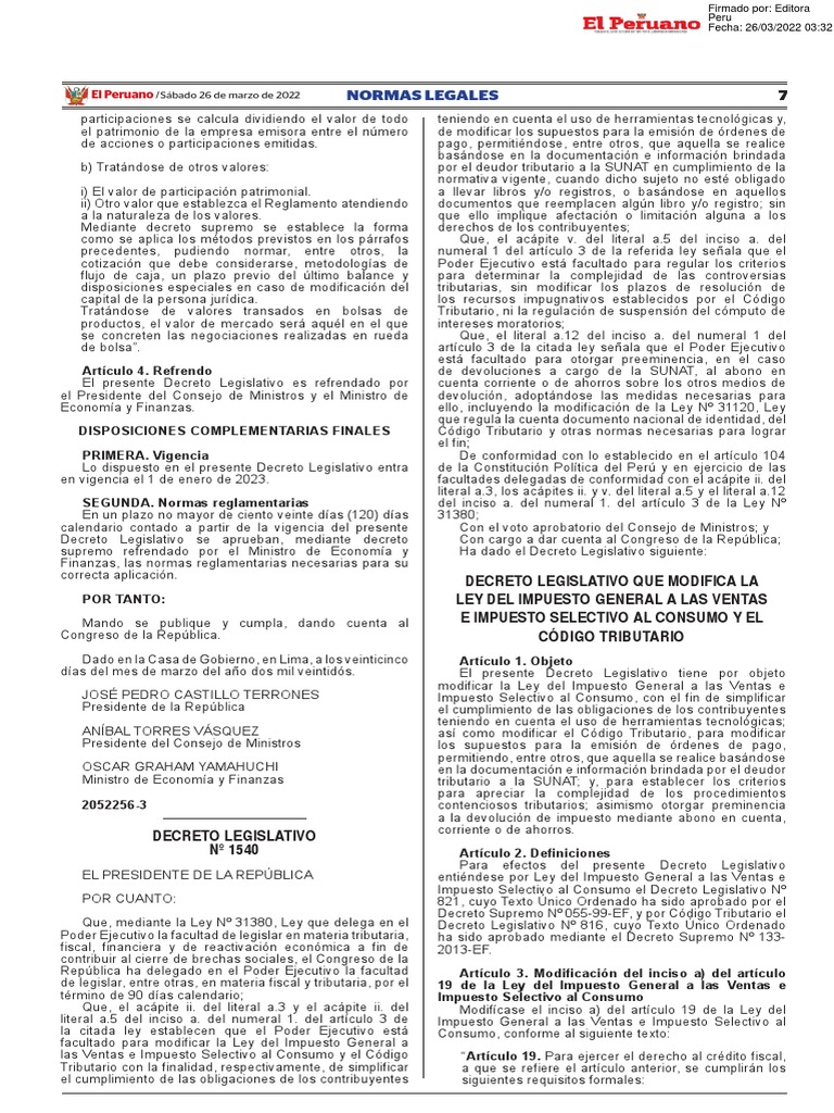 D.L. 1540 Decreto Legislativo Que Modifica La Ley Del Impuesto General ...