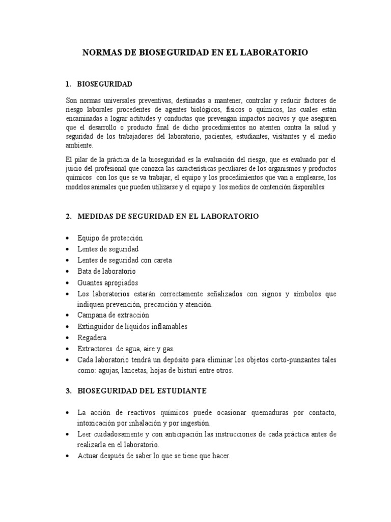 Normas de Bioseguridad en Laboratorio | PDF | Laboratorios | Lentes