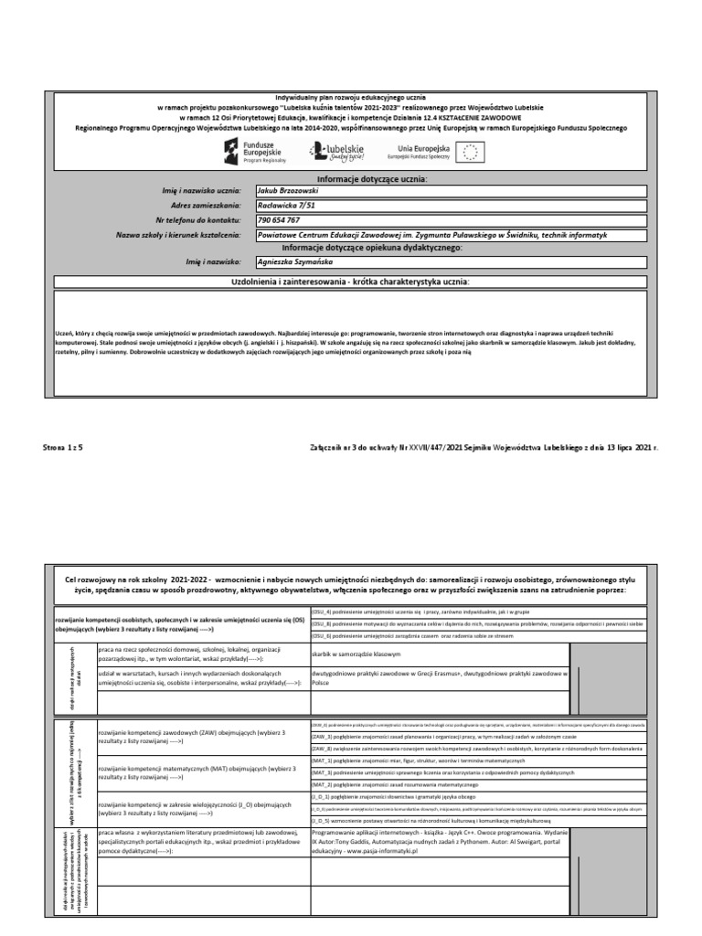 Plan Rozwoju Ucznia Na Najbliższy Rok W Przypadku Otrzymania Stypendium Indywidualny Plan Rozwoju Edukacyjnego Ucznia LKT | PDF