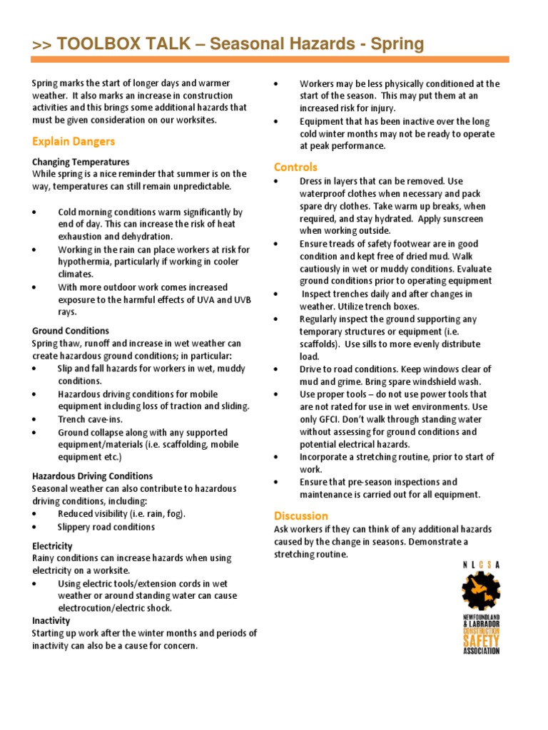 Spring Safety Hazards Toolbox Talk | PDF | Occupational Safety And ...