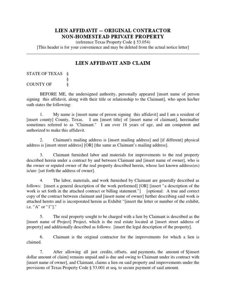 Lien Affidavit Original Contractor NON Homestead Private Property