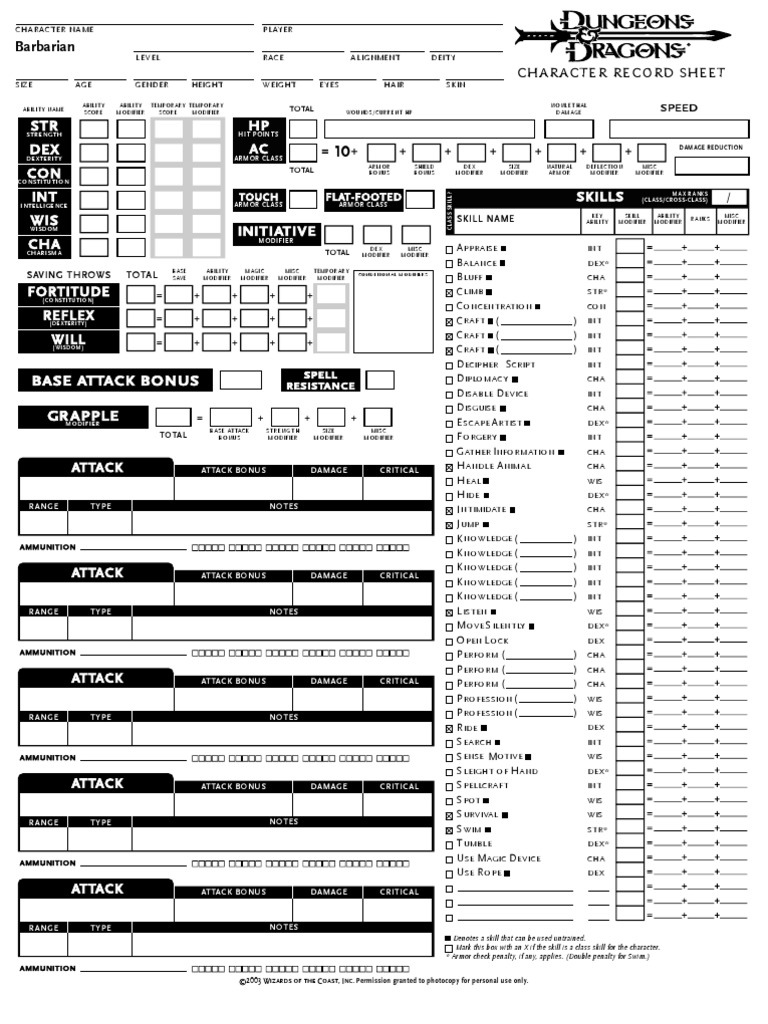 D&amp;D 3.5 Character Sheet Barbarian | Leisure Activities | Entertainment