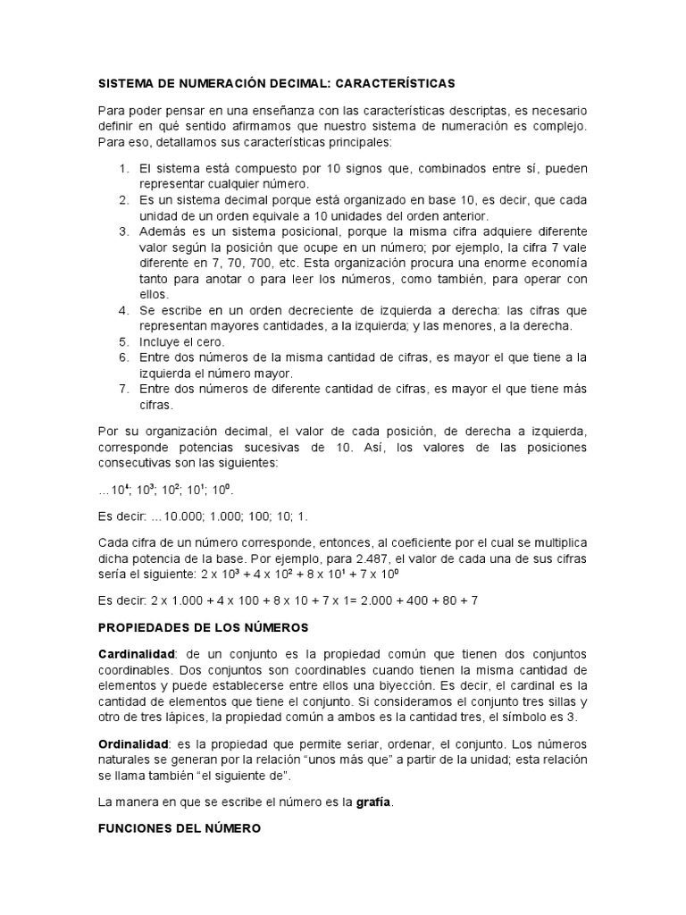 SISTEMA DE NUMERACIÓN DECIMAL. Caracteristicas y Funciones | PDF ...