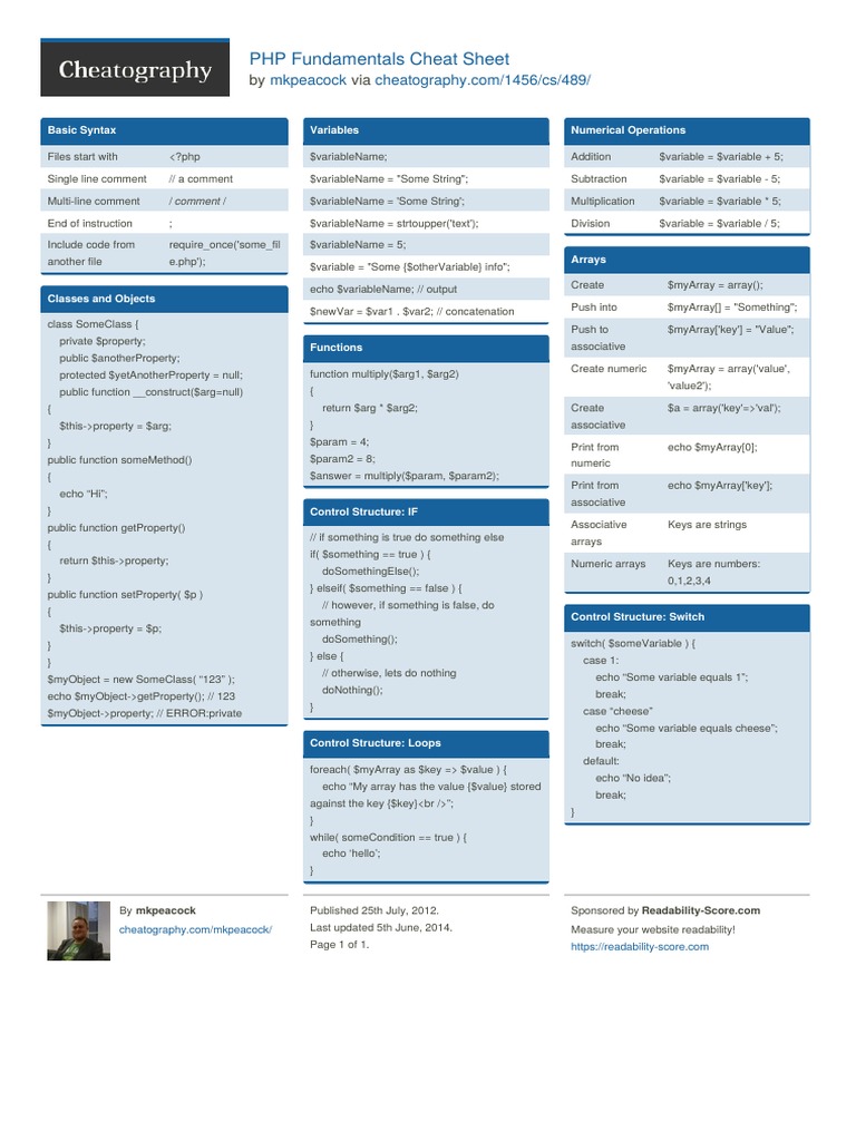 PHP Fundamentals Cheat Sheet: by Via | PDF | Php | Software Engineering