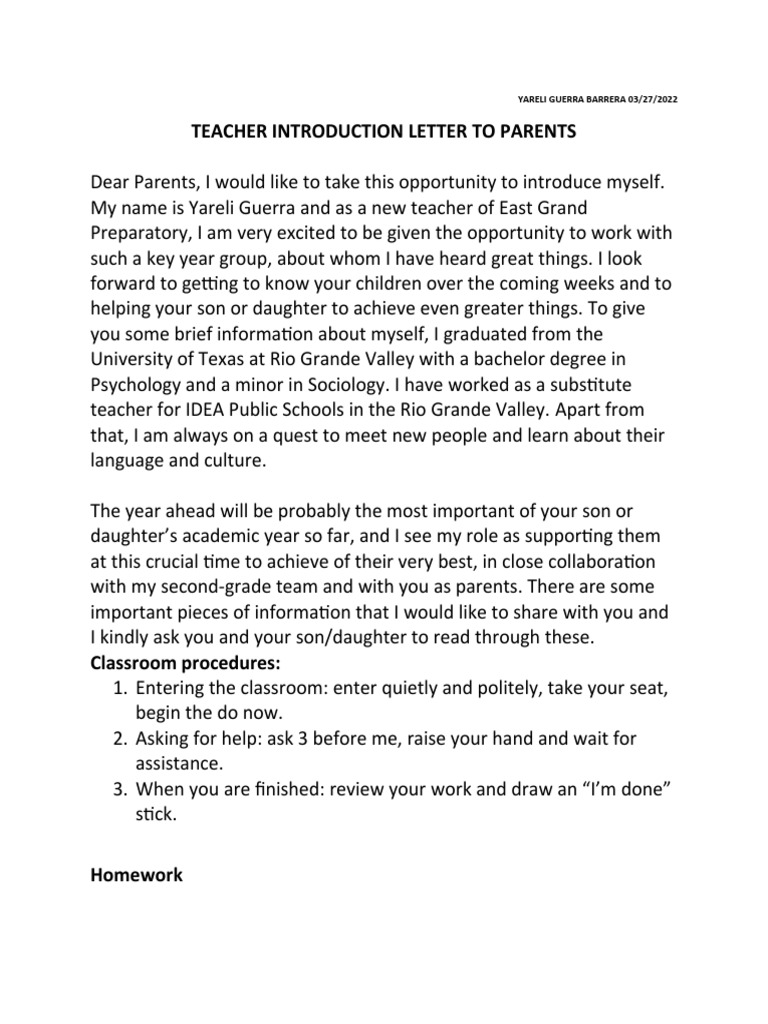 Teacher Introduction Letter To Parents PDF