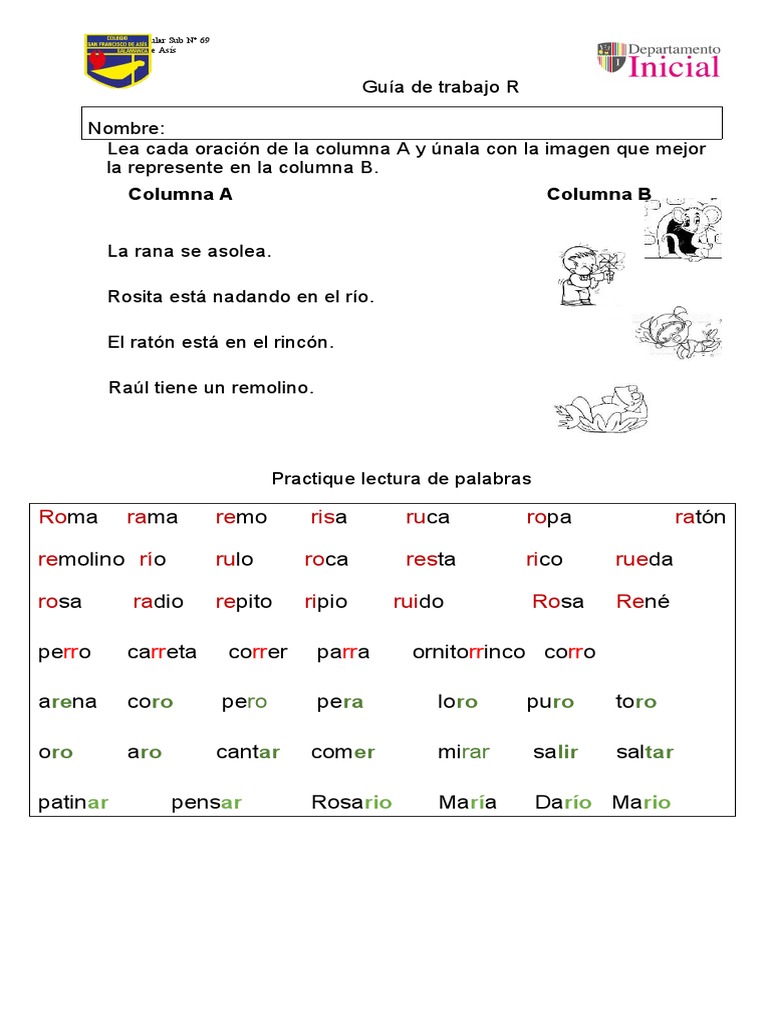 Comprensión lectora con la letra R | PDF