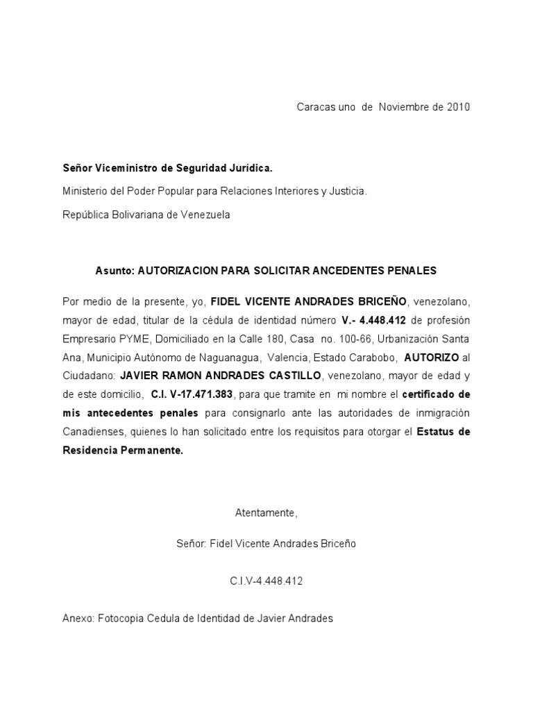 Carta de Autorizacion Para Tramitar Antecedentes Penales