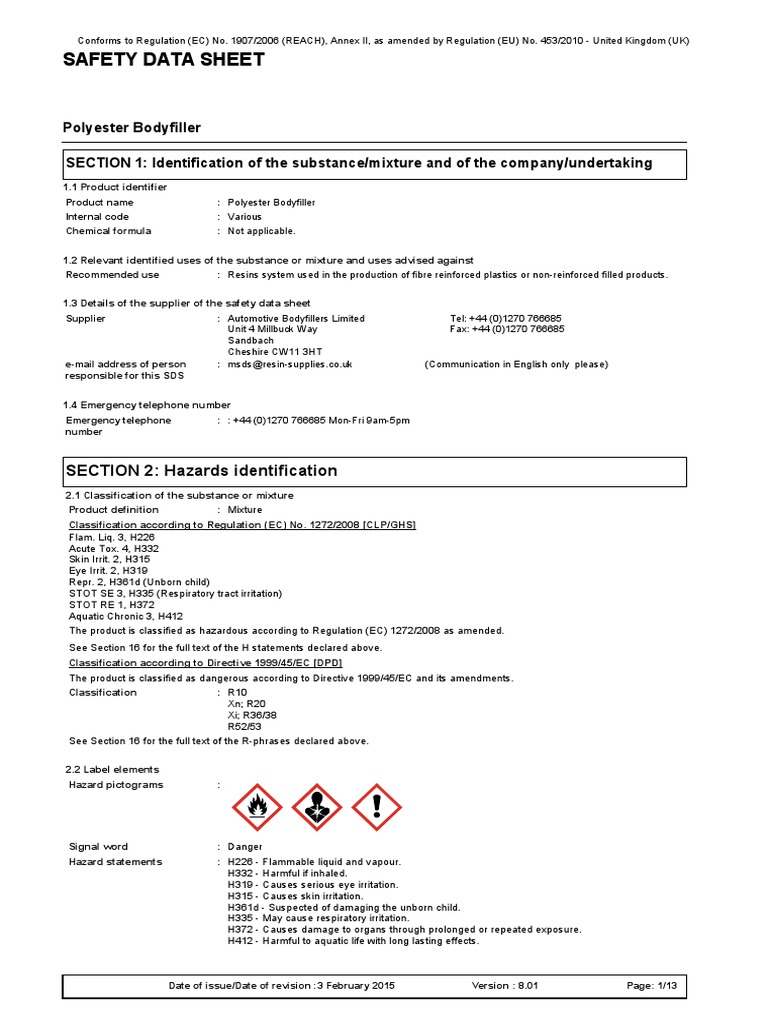 Sds Polyester Body Filler PDF Toxicity Firefighting