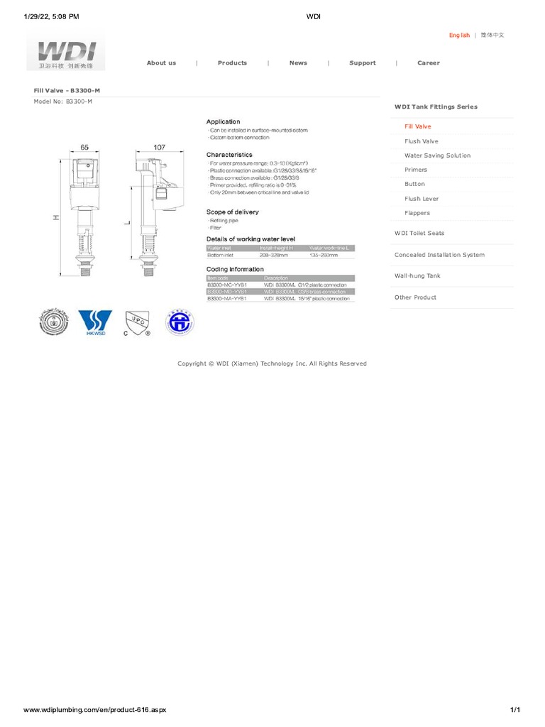 WDI Fill Valve B3300 M PDF