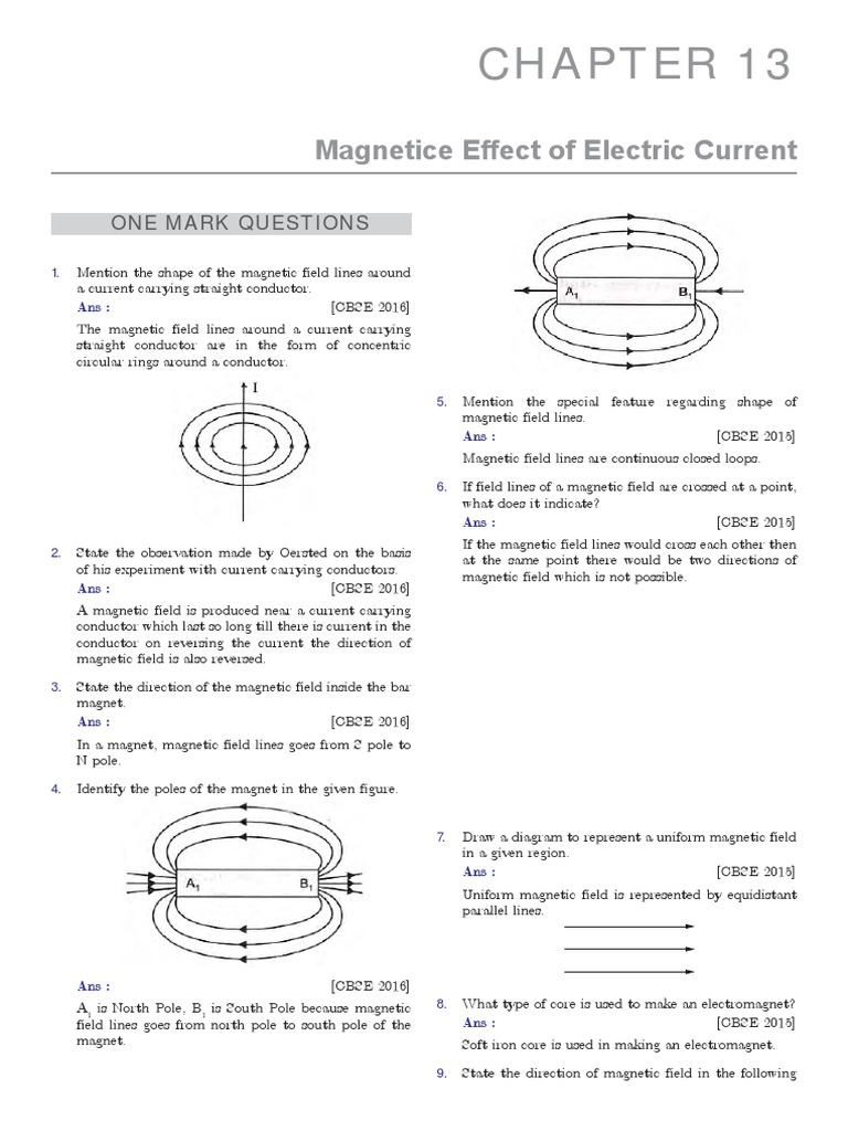 Magnetice Eff Ect of Electric Current: One Mark Questions | PDF ...