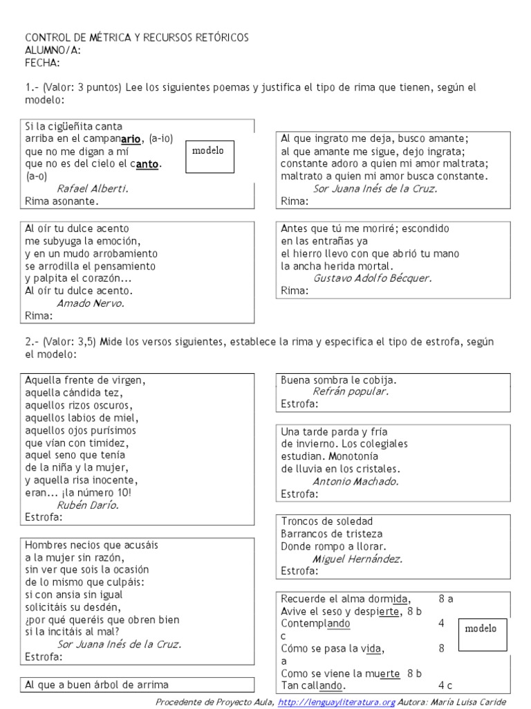 Examen De Métrica 1º Y 2º Rima Metro Poesía