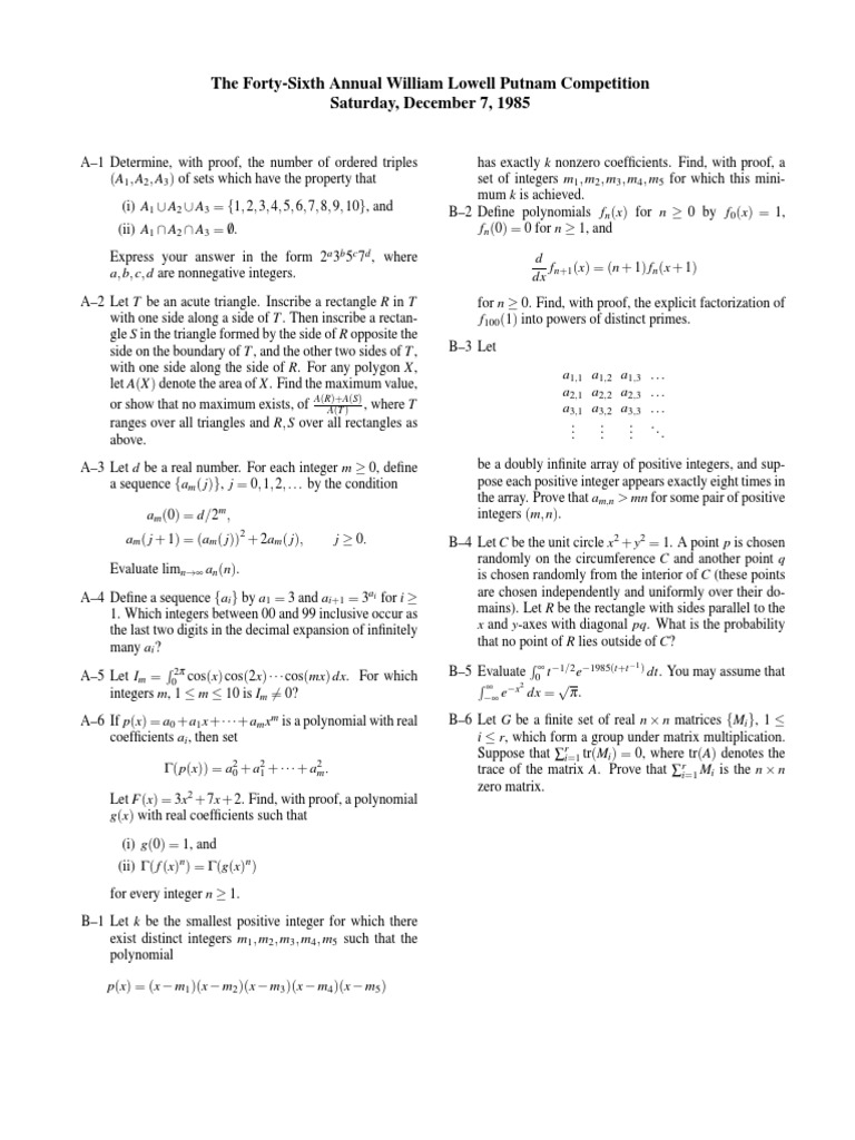 Analysis of the FortySixth Annual William Lowell Putnam Competition Problems PDF Matrix