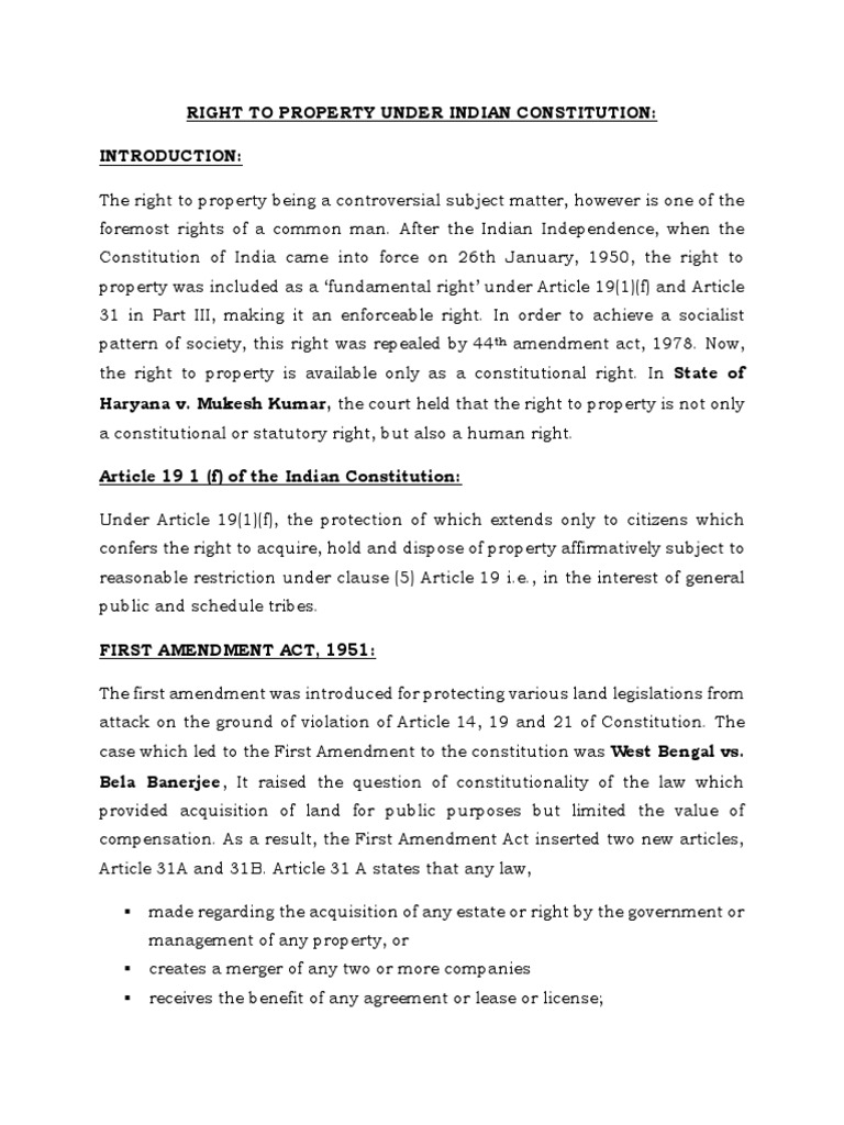 Right To Property Under Indian Constitution PDF Right To Property