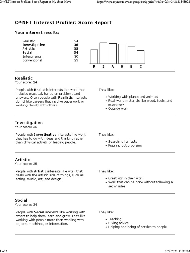 O Net Interest Profiler Score Report at My Next Move | PDF ...