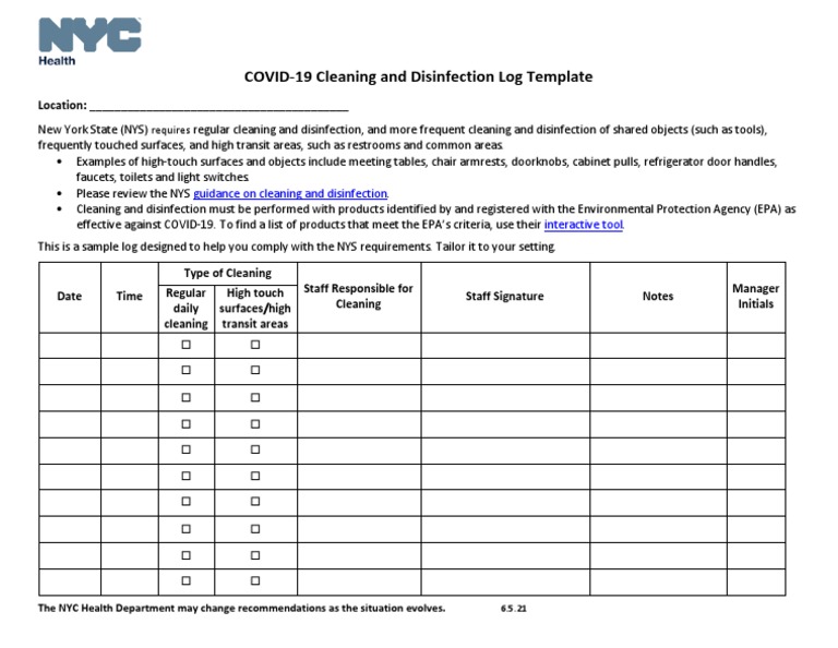 COVID19 Cleaning and Disinfection Log Template Location PDF
