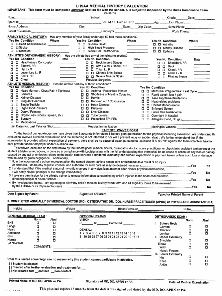 2021 LHSAA Medical History EvaluationPhysical Form PDF