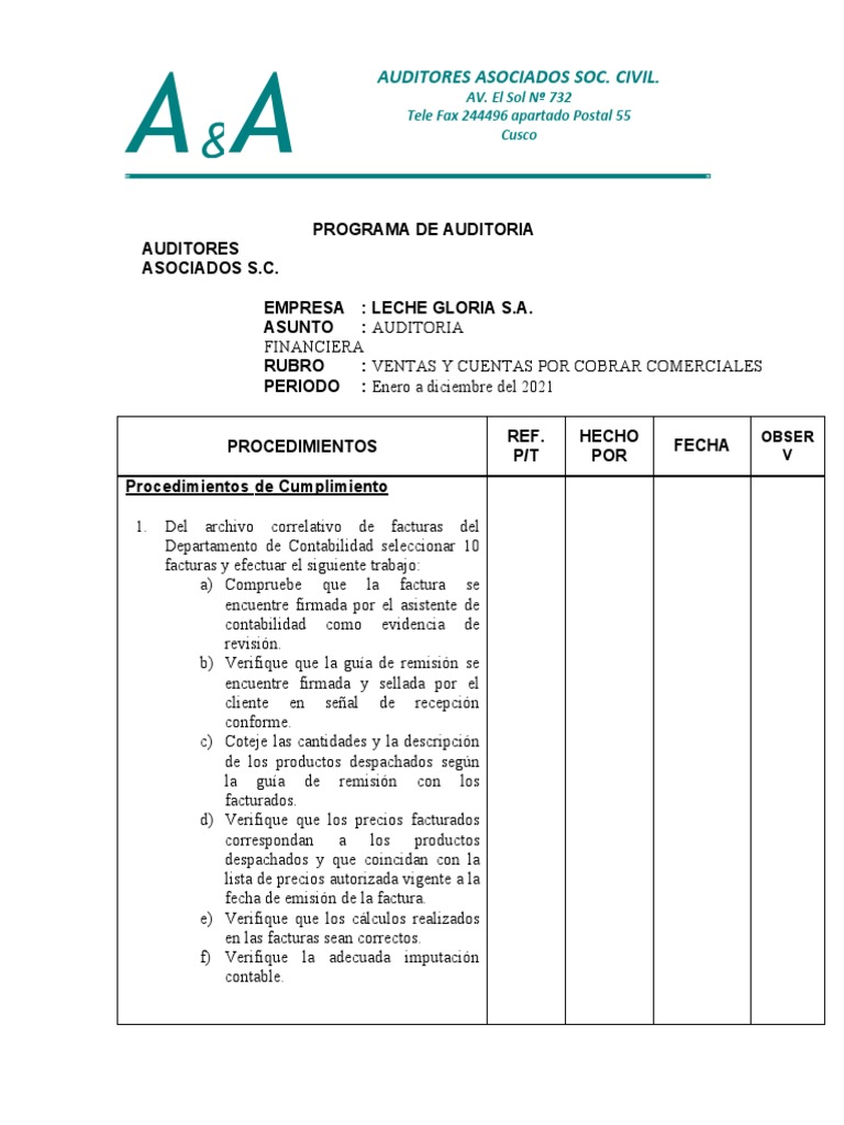 Programa de Auditoría Financiera 2021 | PDF | Auditoría | Servicios ...