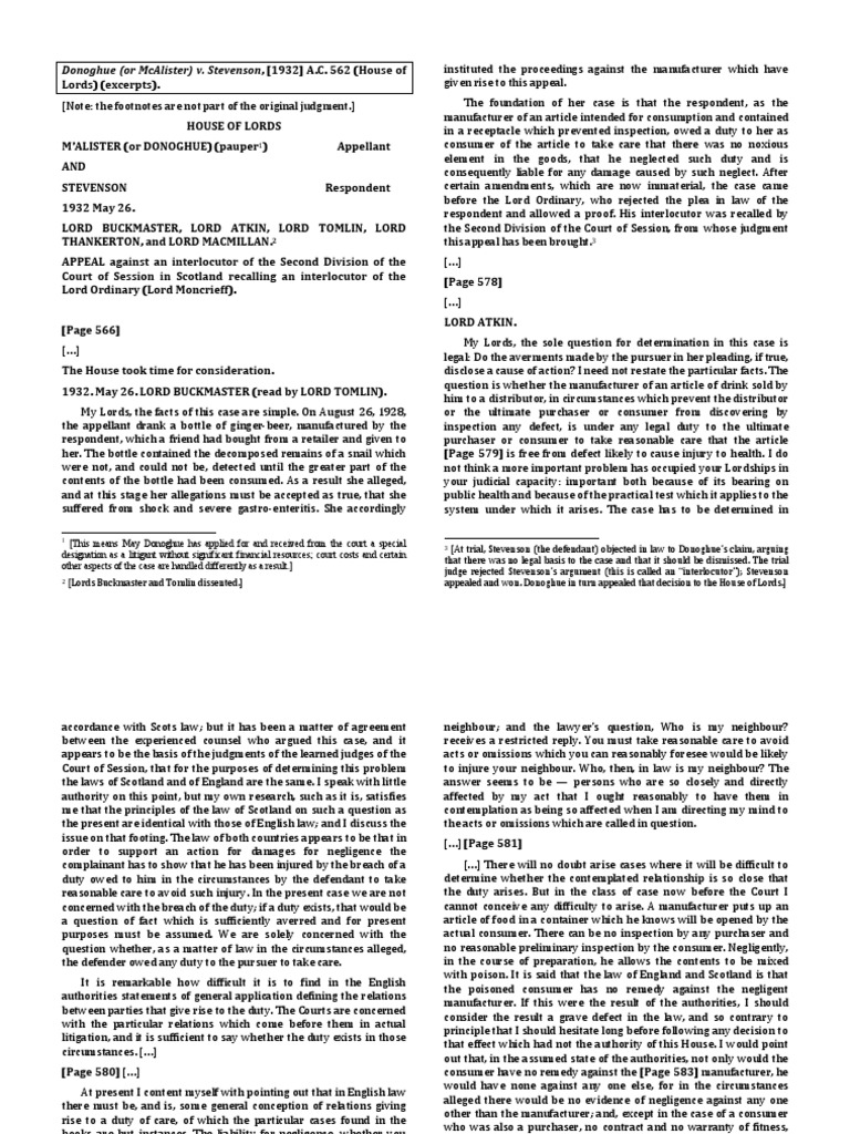 Donoghue V Stevenson PDF Negligence Private Law