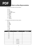 Work Sheet On Data Representation: Decimal Binary Hexadecimal