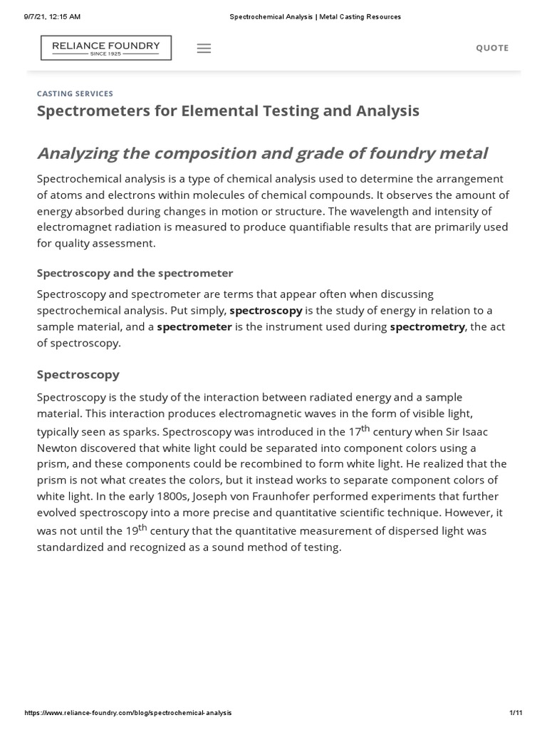 Spectrochemical Analysis Metal Casting Resources PDF Spectrometer Spectroscopy