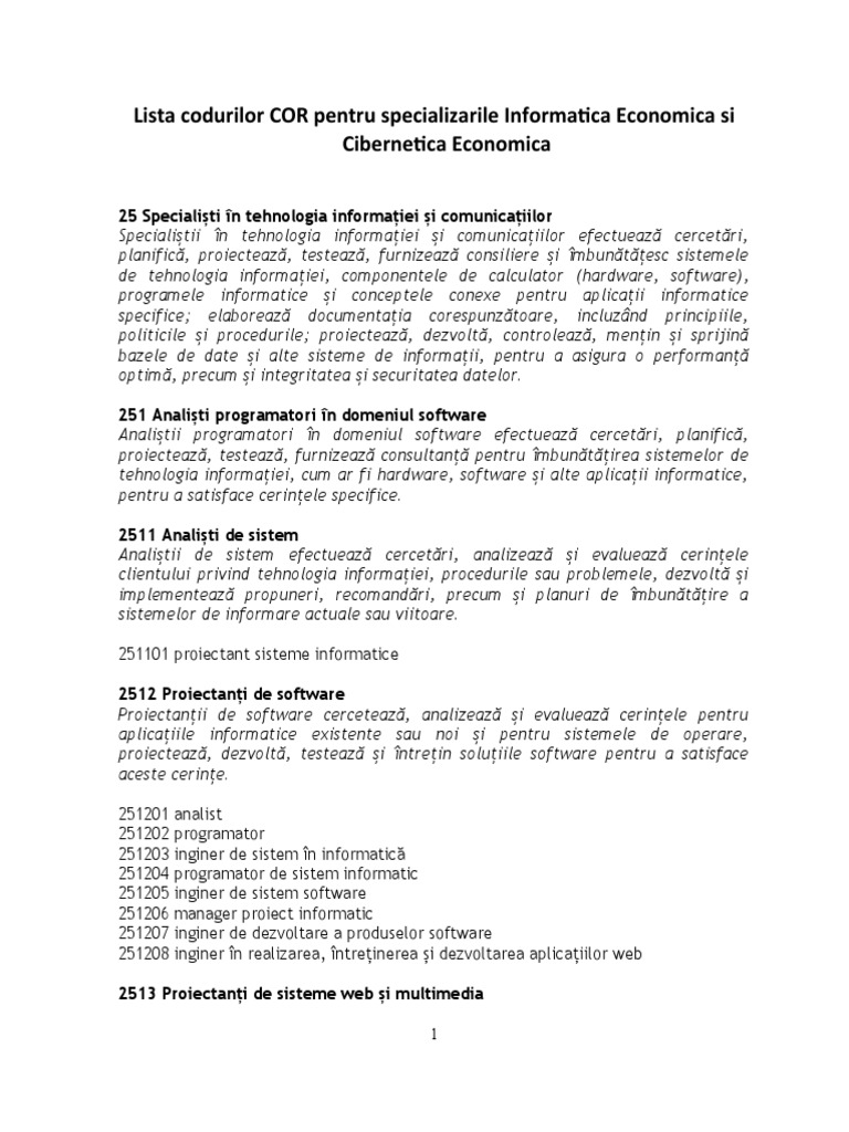 Lista Codurilor COR Pentru Specializarile Informatica Economica Si ...