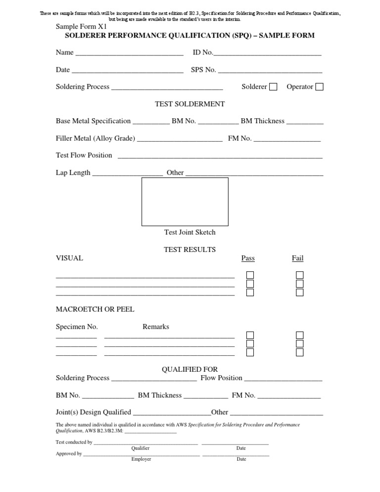 Solderer Performance Qualification (SPQ) - Sample Form: Qualification ...