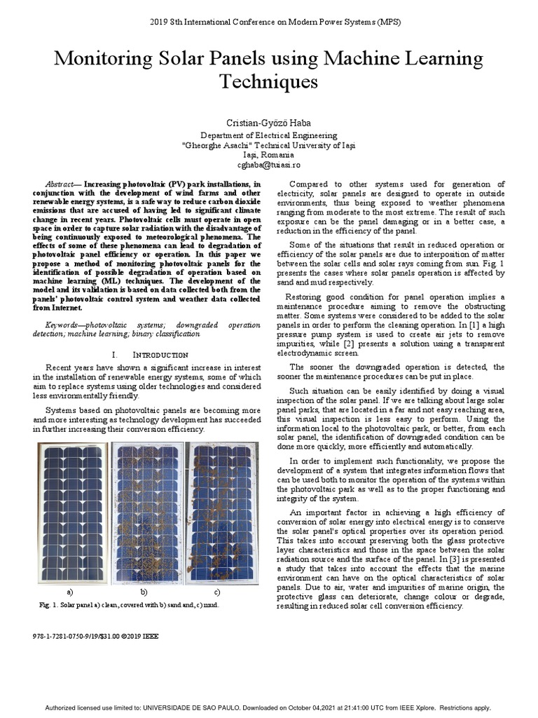 Monitoring Solar Panels Using Machine Learning Techniques | PDF ...
