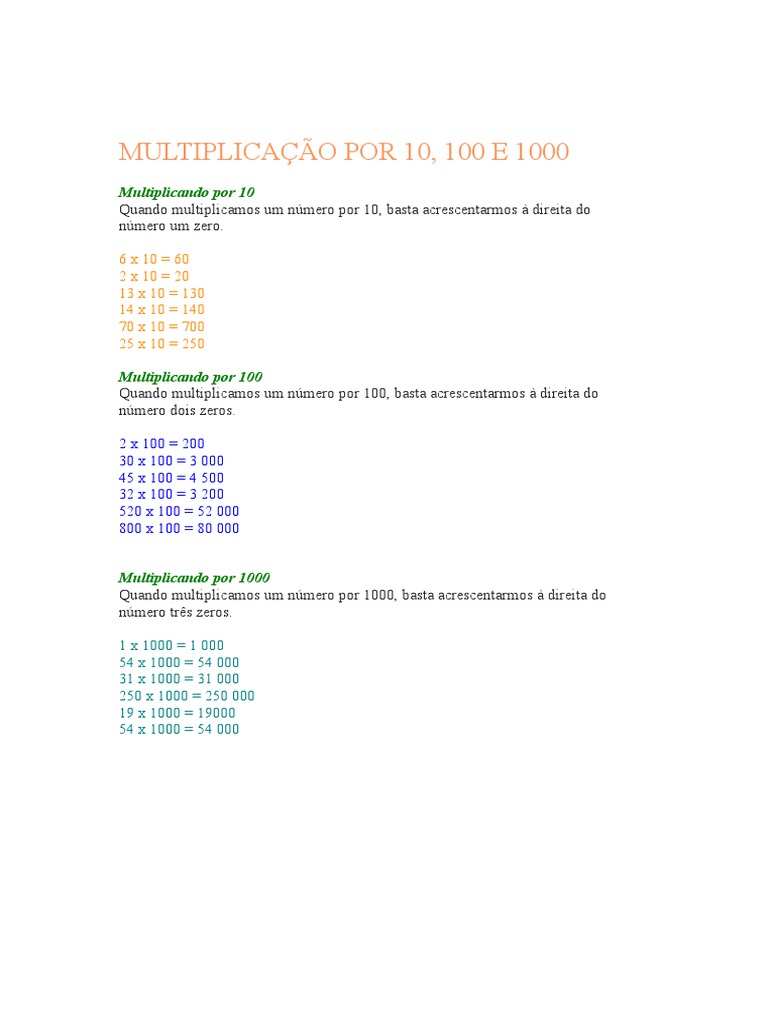 Multiplicação e Divisão por 10, 100, 1000 | PDF