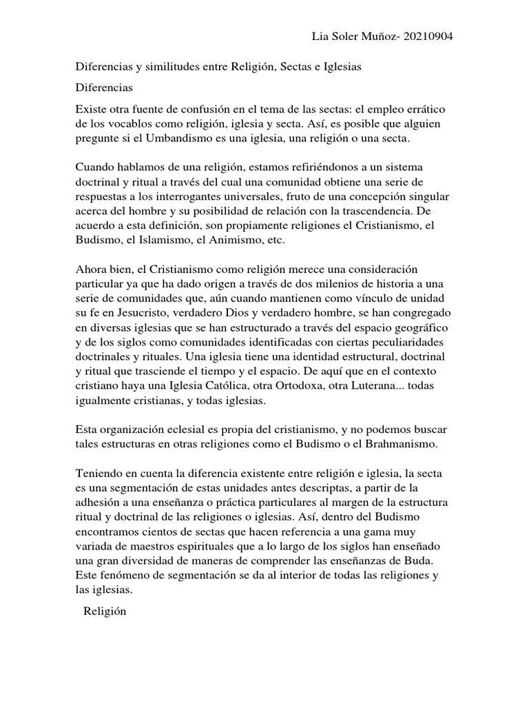 Diferencias y similitudes entre Religión, Sectas e Iglesias PDF Secta Iglesia Católica