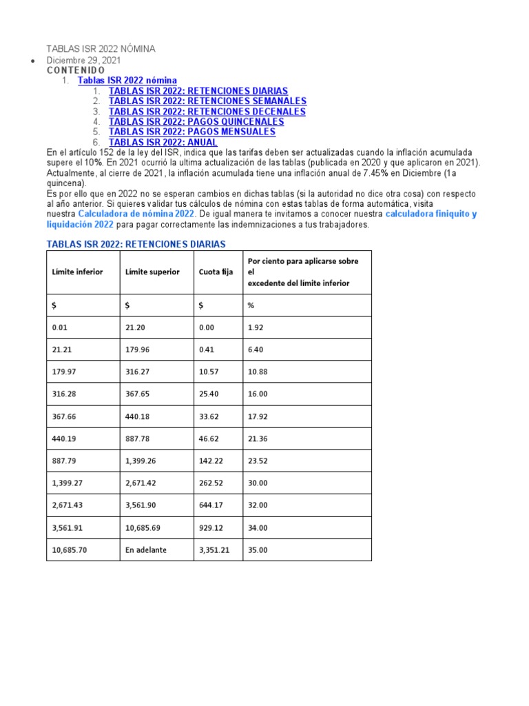 TABLAS ISR 2022 NÓMINA PDF Impuesto sobre la renta Dinero