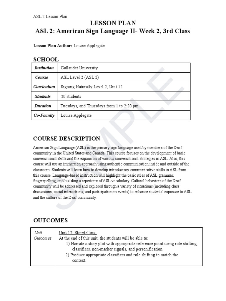 Lessonplan 12 PDF American Sign Language Lesson Plan