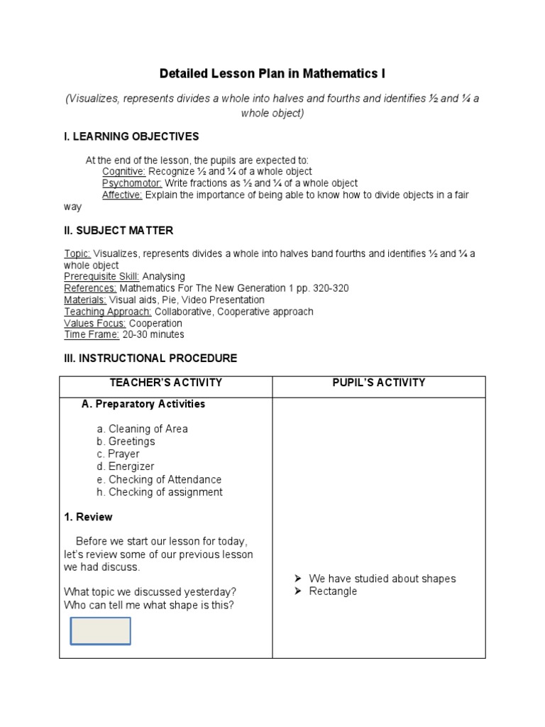 Grade 1 Math Lesson: Fractions 1/2 and 1/4 | PDF | Lesson Plan ...