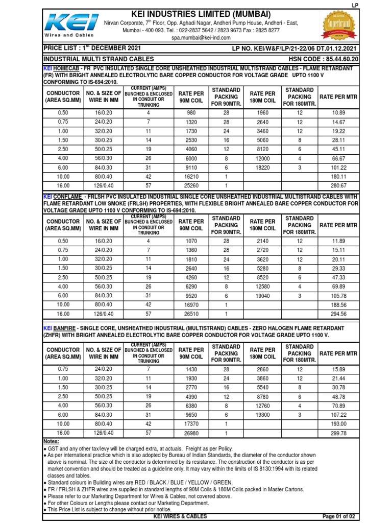 Industrial Multi Strand Cables HSN CODE 85.44.60.20 Price List 1 December 2021 LP NO. KEI/W&F