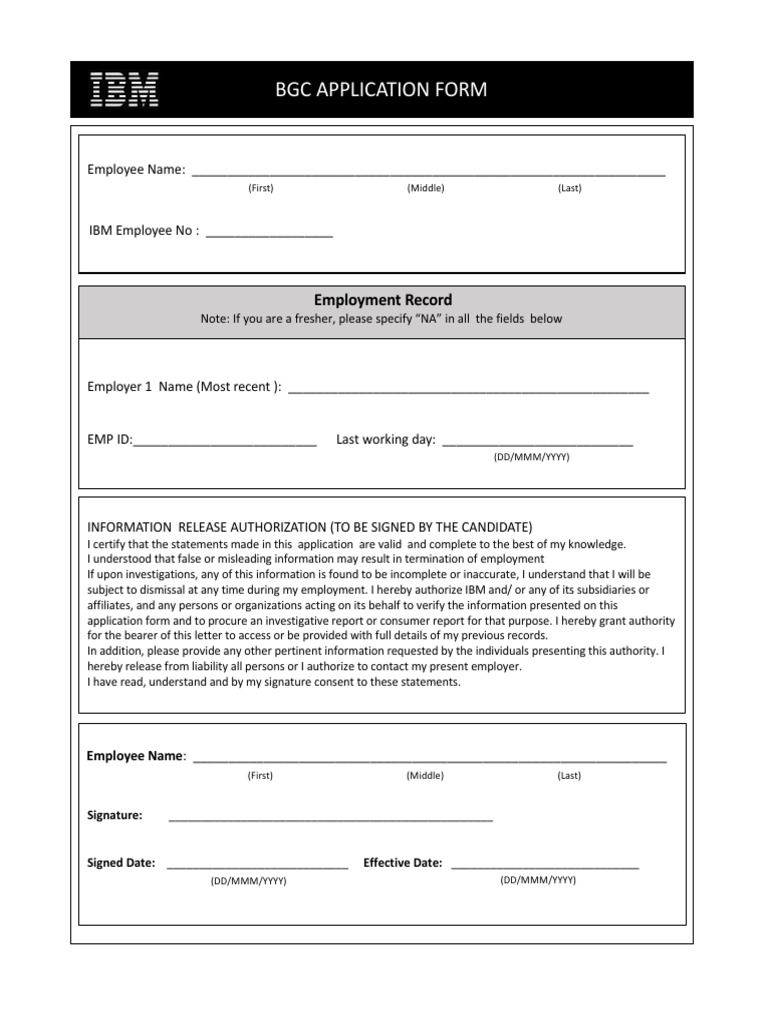 IBM Background Check Application Form | PDF