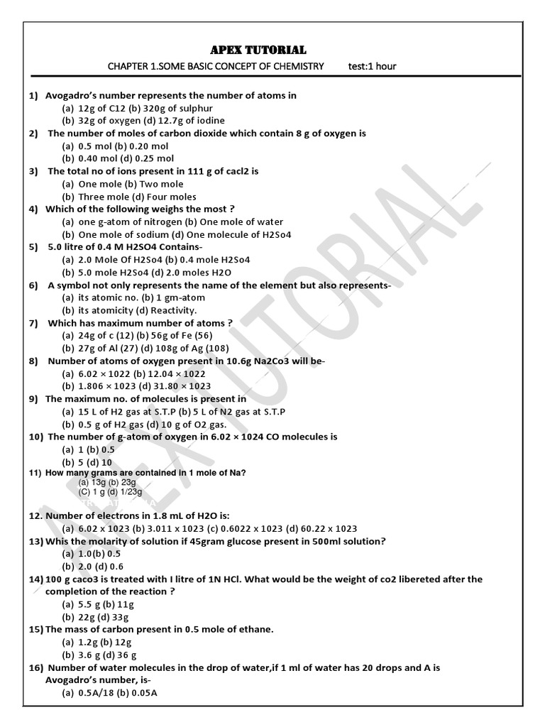 Apex Tutorial: 12) Chemistry Pathshala | PDF | Mole (Unit) | Molecules