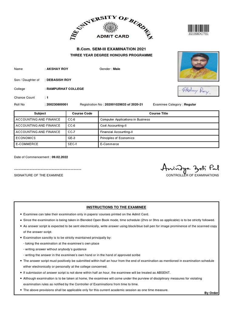 Three Year Degree Honours Programme Subject Course Code Course Title