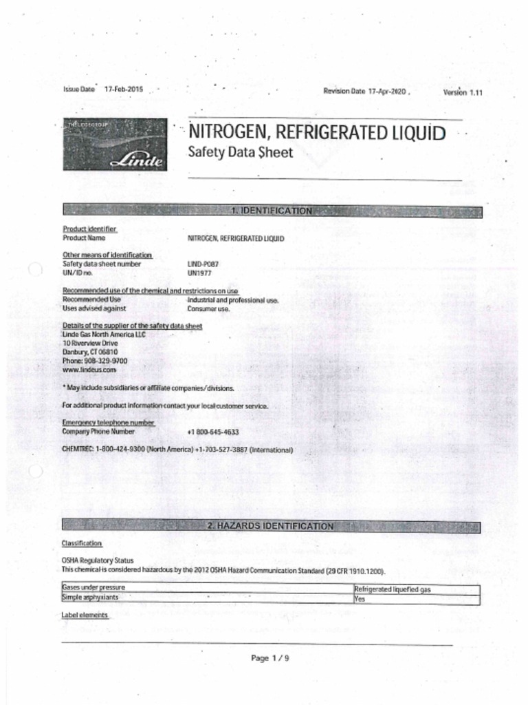Nitrogen, Refrigerated Liquid Safety Data Sheet PDF