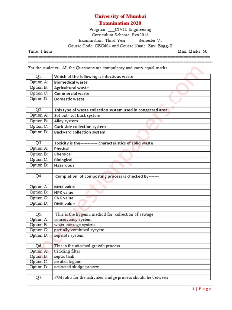Environmental Engineering Exam 2020 | PDF