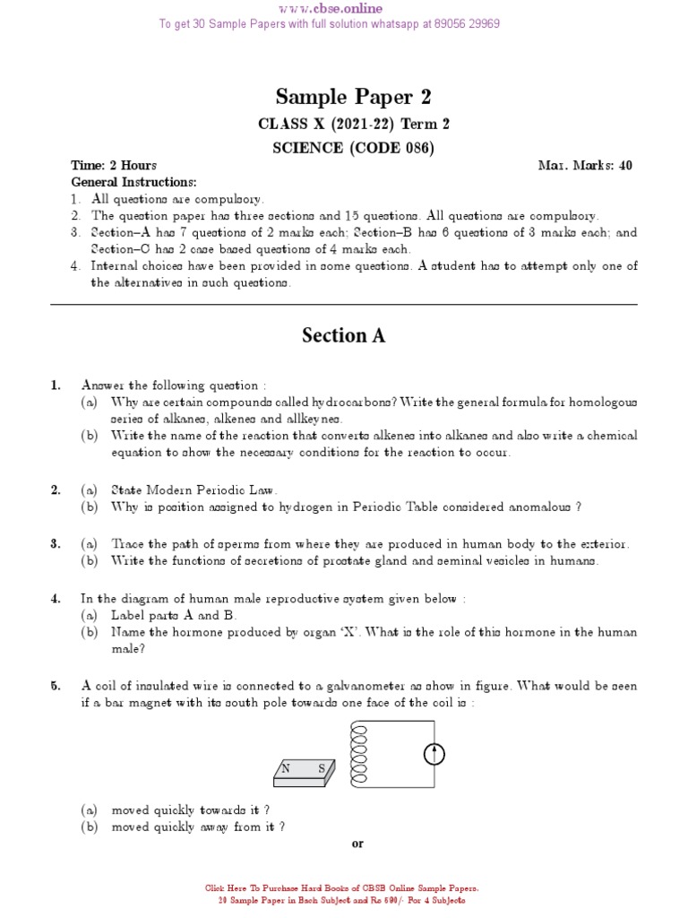 Sample Paper 2: CLASS X (2021-22) Term 2 Science (Code 086) | PDF ...