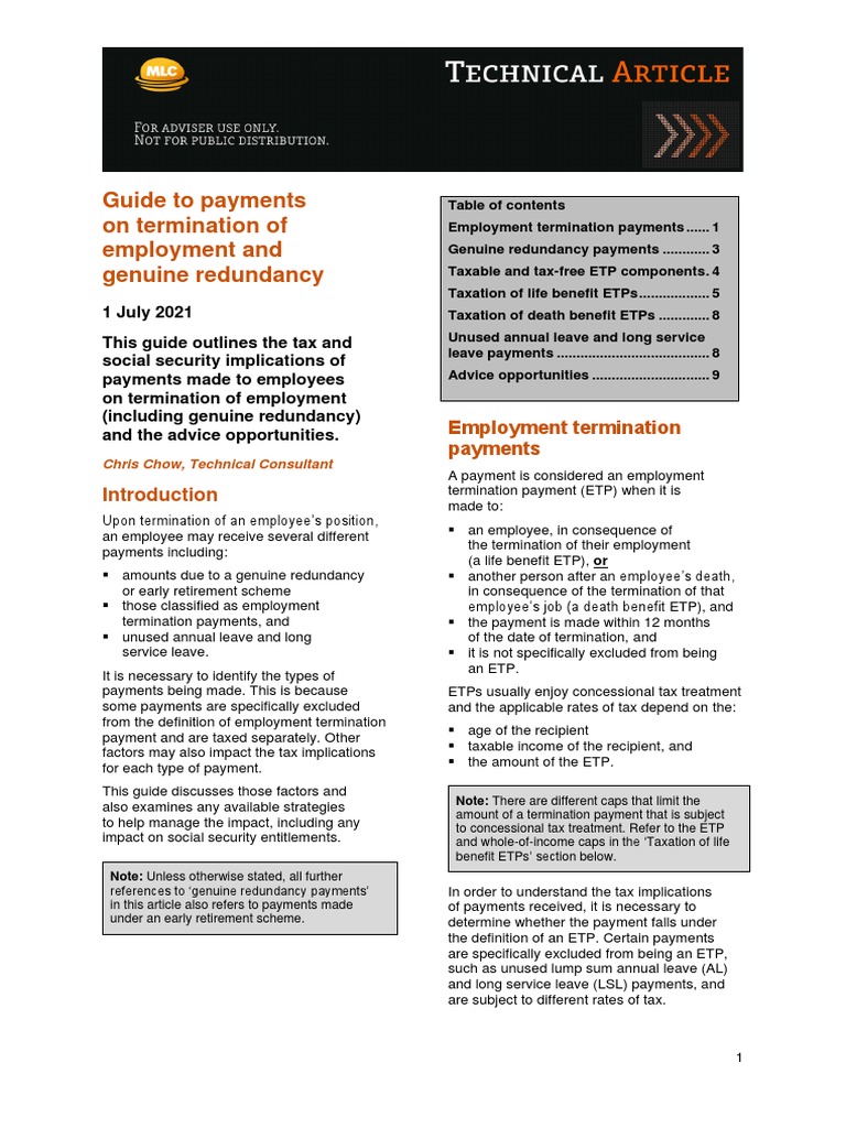 MLC GuideToEtpsAndRedundancy PDF Taxes Tax Exemption