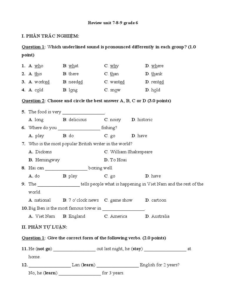 Grade 6 Review: Units 7-9 Test | PDF | Linguistics
