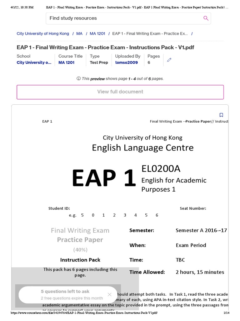 EAP 1 - Final Writing Exam - Practice E... Paper - Instruction Pack ...