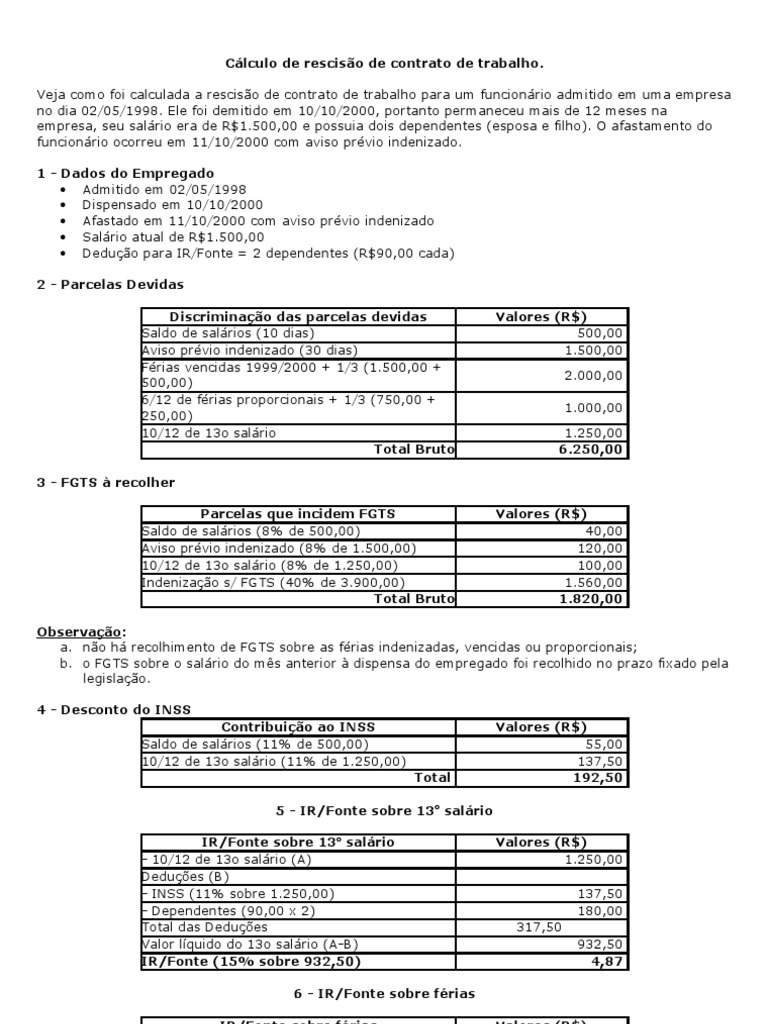 Cálculo de rescisão de contrato de trabalho | Banco de Horas | Relações ...
