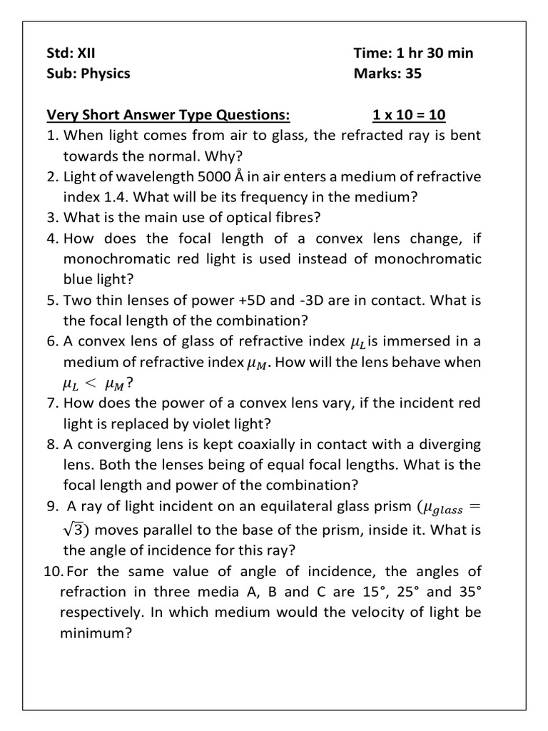 Ray Optics Exam Questions and Answers | PDF | Refraction | Prism