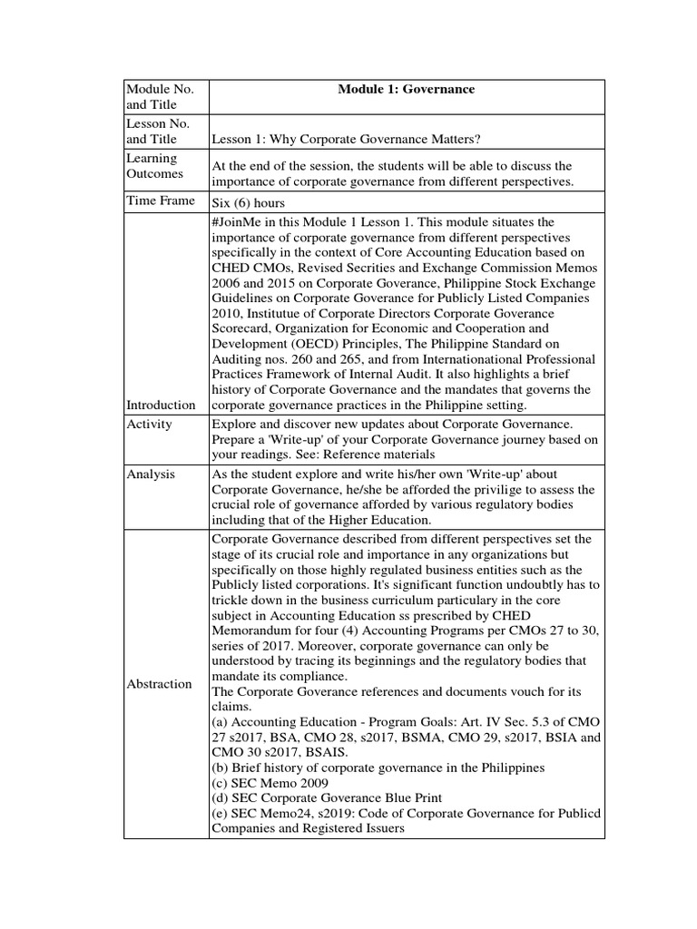 1 - Template 4 Lesson Structure - Governance | PDF | Business Ethics ...
