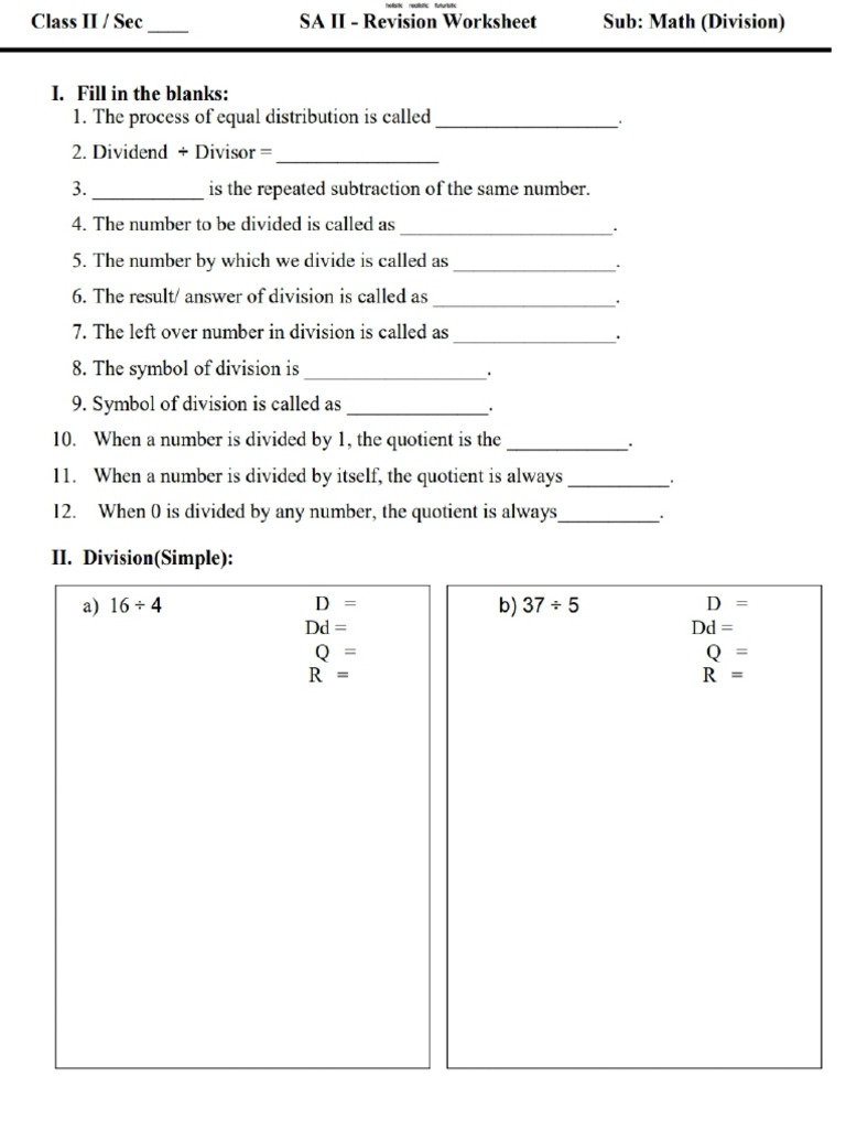 Maths Class 2 Worksheet Division | PDF