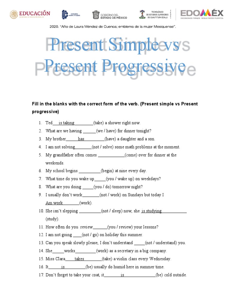 Present Simple vs Progressive Exercises | PDF