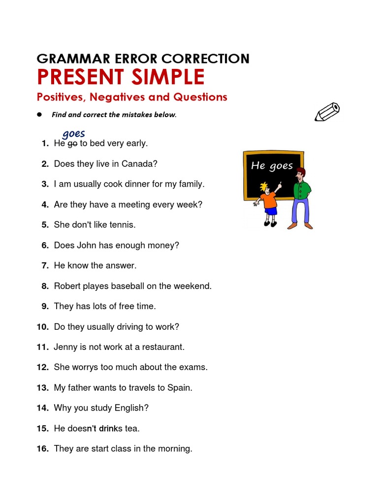 Present Simple Error Correction Grammar Worksheet PDF Linguistics